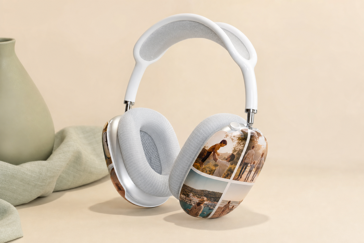 AirPods Max headphones wearing custom photo-collage shell covers