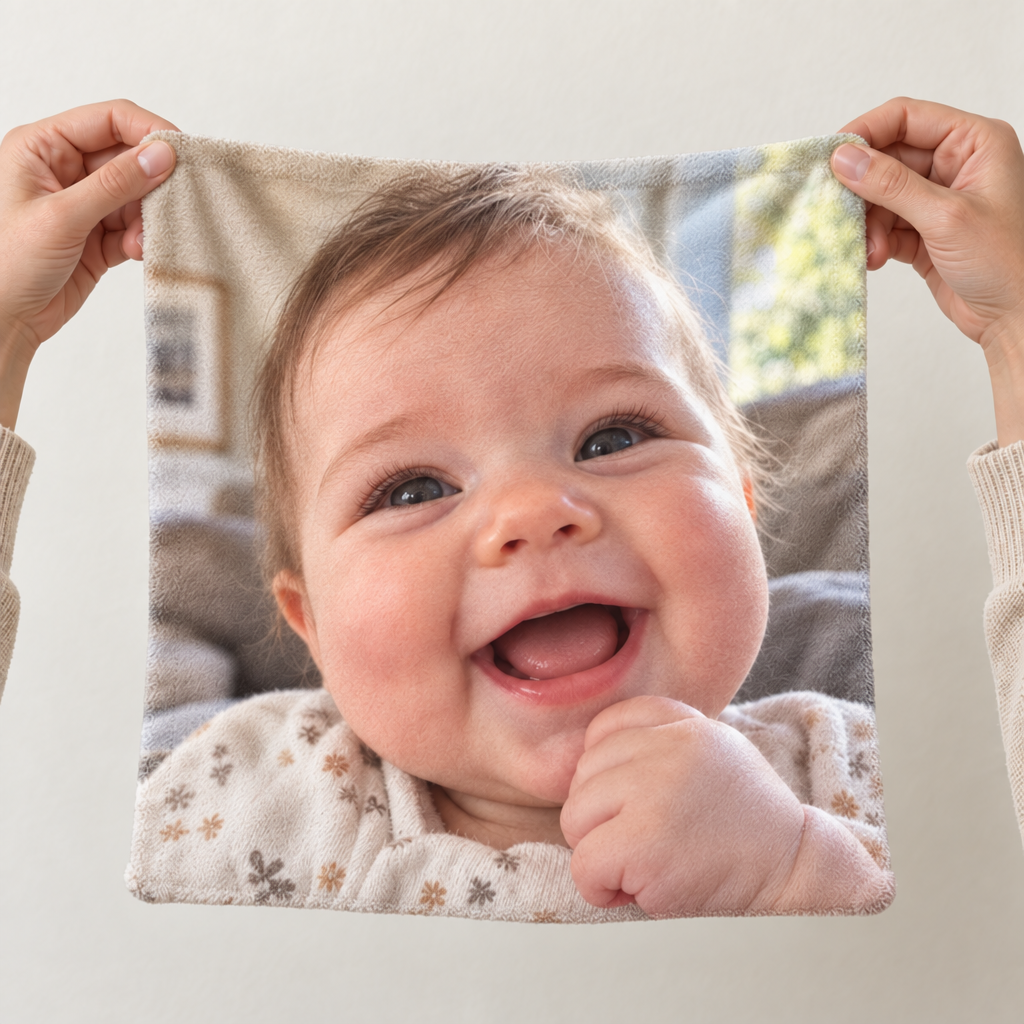 Front and back of one custom baby lovey blanket showing a photo on one side and a name on the other