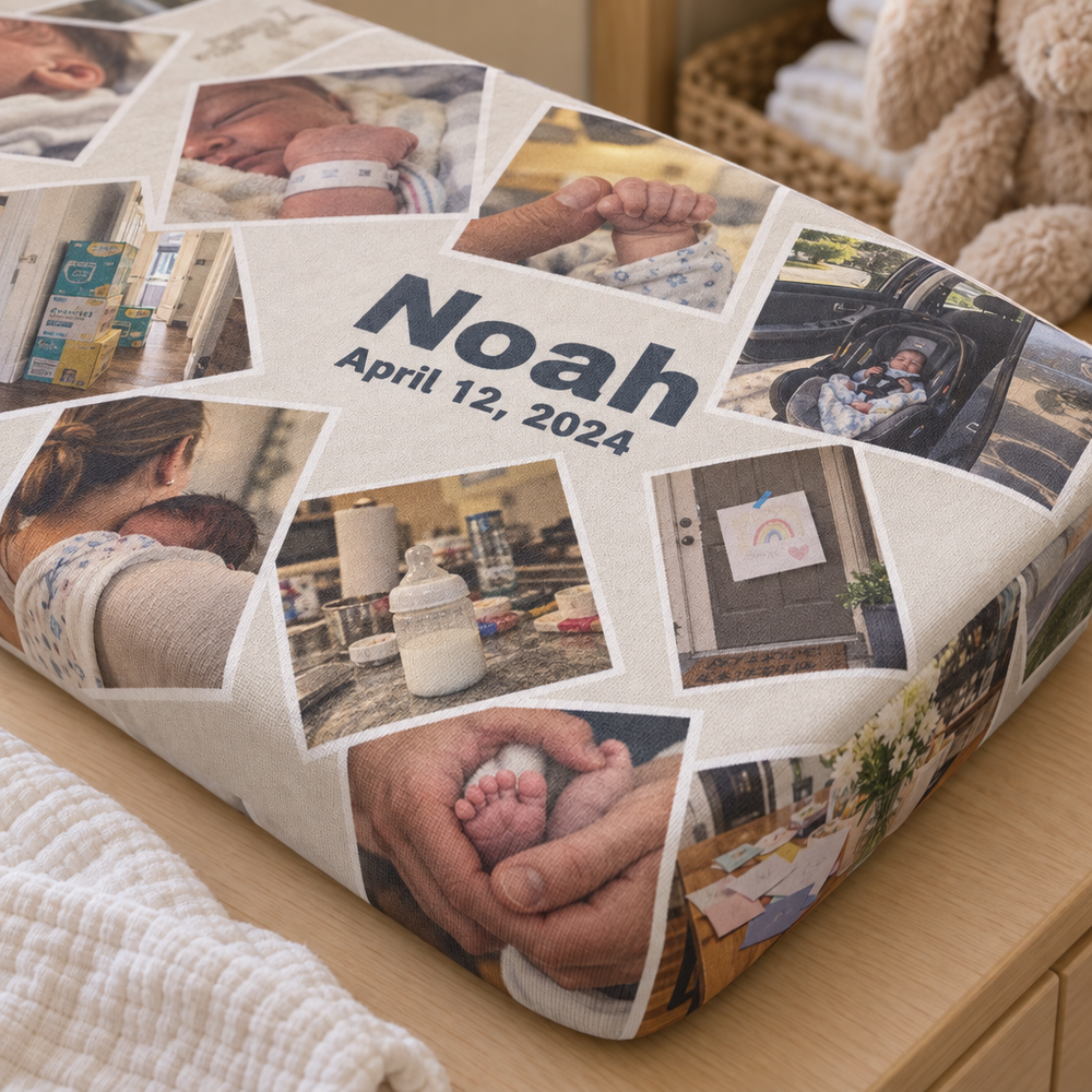 Macro of a custom changing pad cover showing a printed name running to the edge