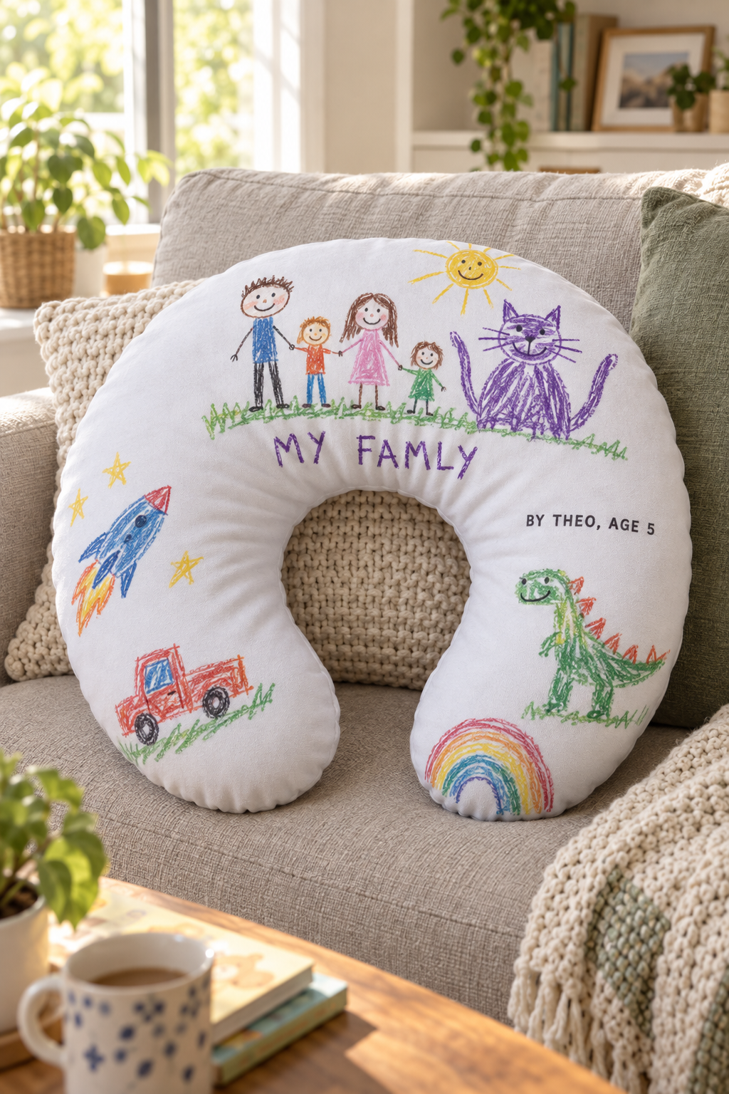 A custom nursing pillow cover laid flat showing the full printed surface