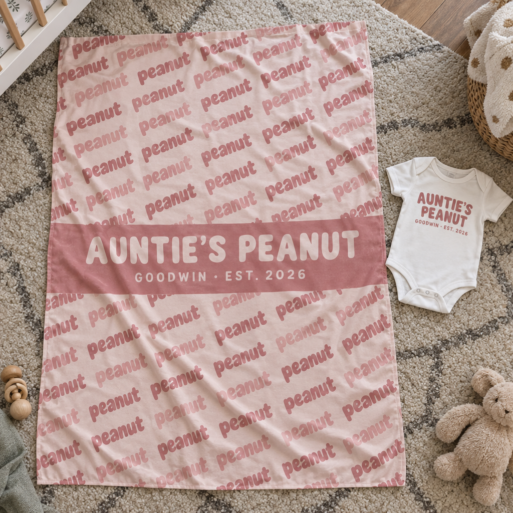 A 30 by 40 inch custom swaddle blanket laid out flat showing the full printed face