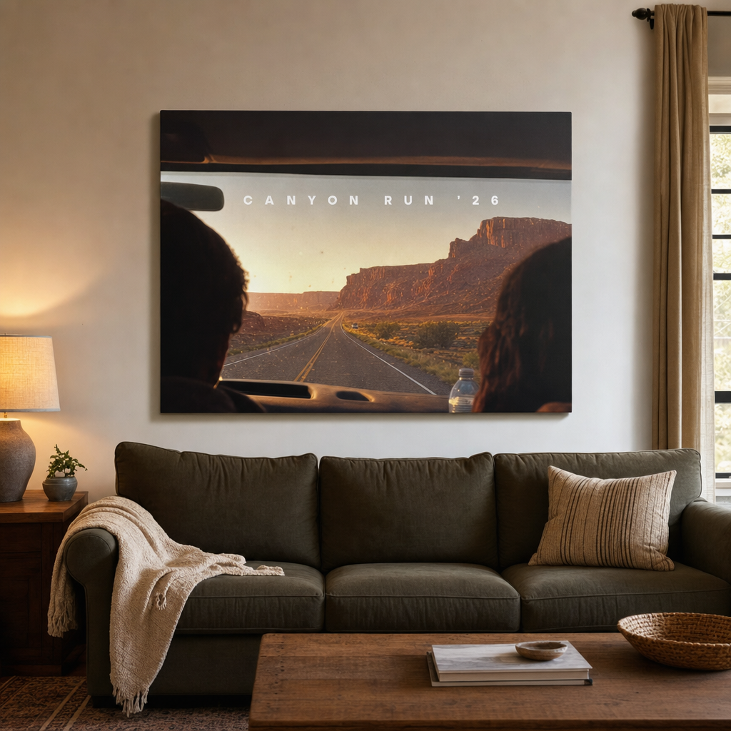 A large horizontal canvas print with a road-trip photo hanging above a sofa