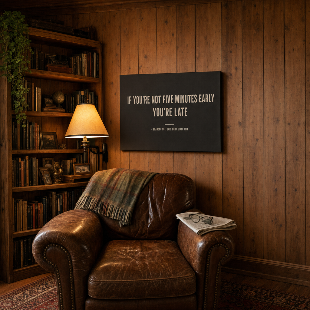 A text-only canvas print in a warm den with lamp light and no glare on the matte face