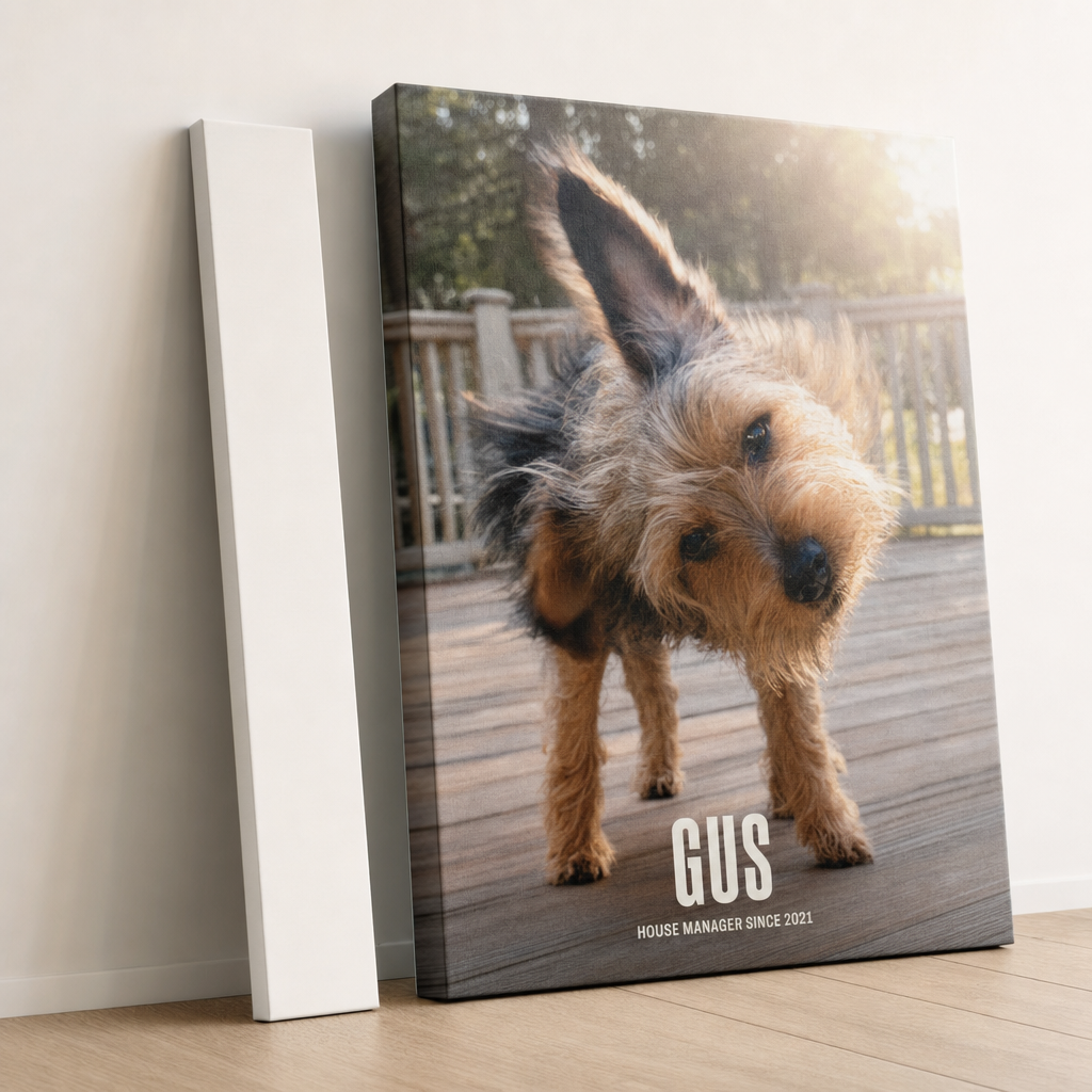 Two matte canvas prints side by side showing the slim Classic edge and the deeper Gallery edge, one with a dog photo design