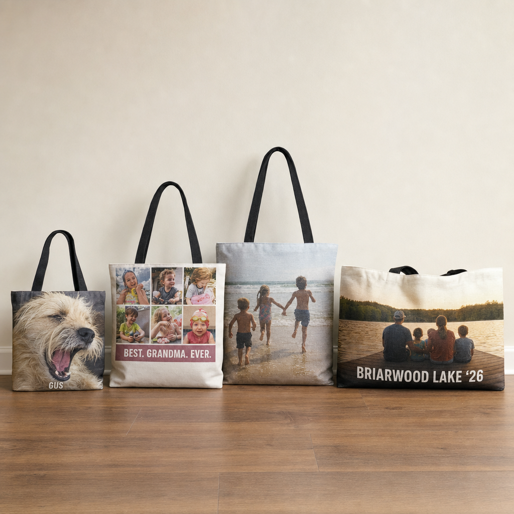 Four custom bags side by side: the Everyday Tote, the Full-Coverage Tote, the Woven Tote, and the Weekender, each with a different personalized design