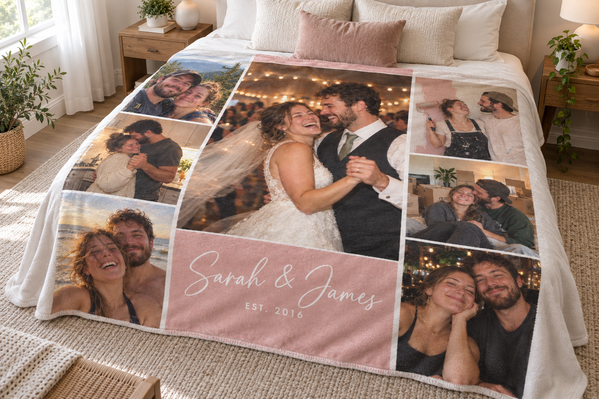 King size photo blanket with a couple's wedding and anniversary photos reading Sarah and James covering a king bed