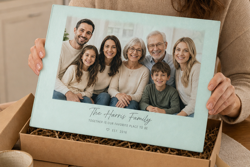 Personalized glass cutting board with a family photo, presented in an open gift box