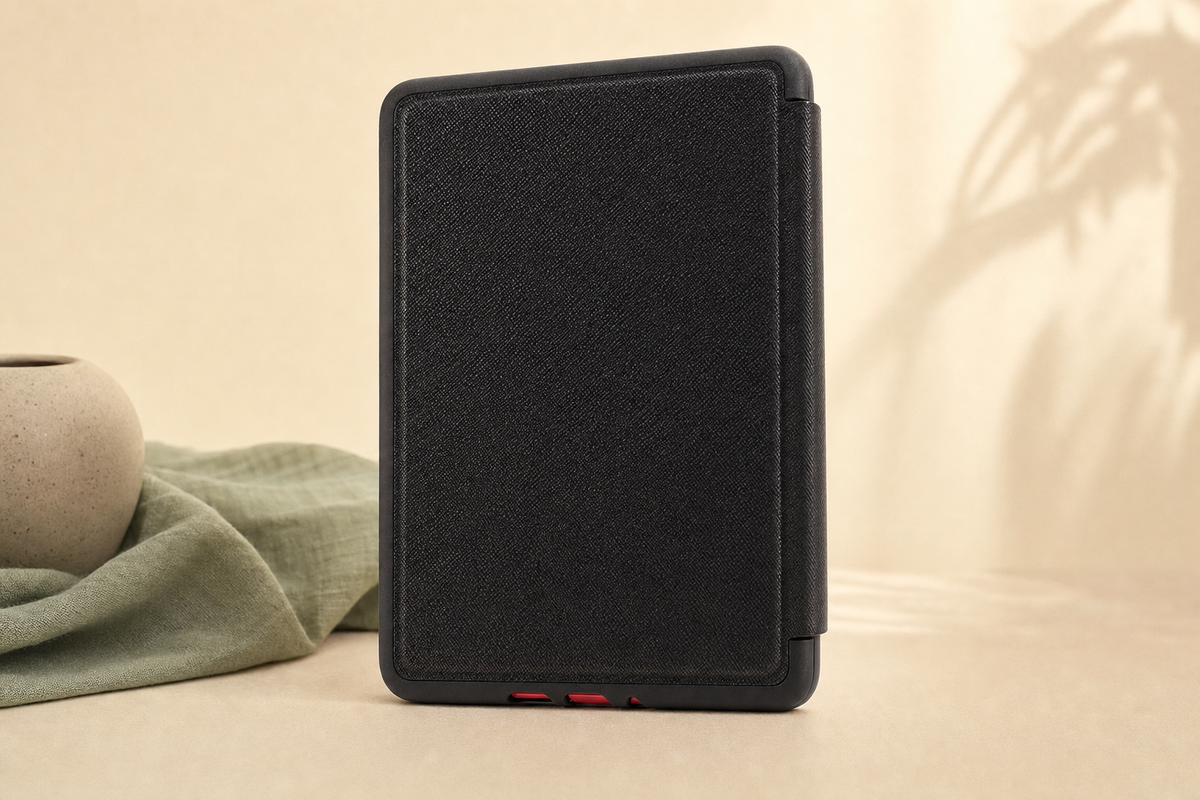 Back of the custom Kindle case: hard Saffiano-textured shell with rubber protective sides