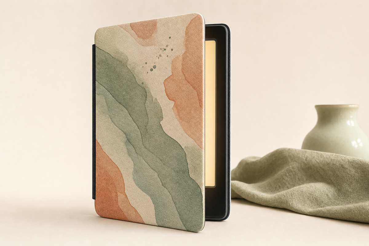 The custom Kindle case with a design printed on the front cover, opening slightly as the screen wakes
