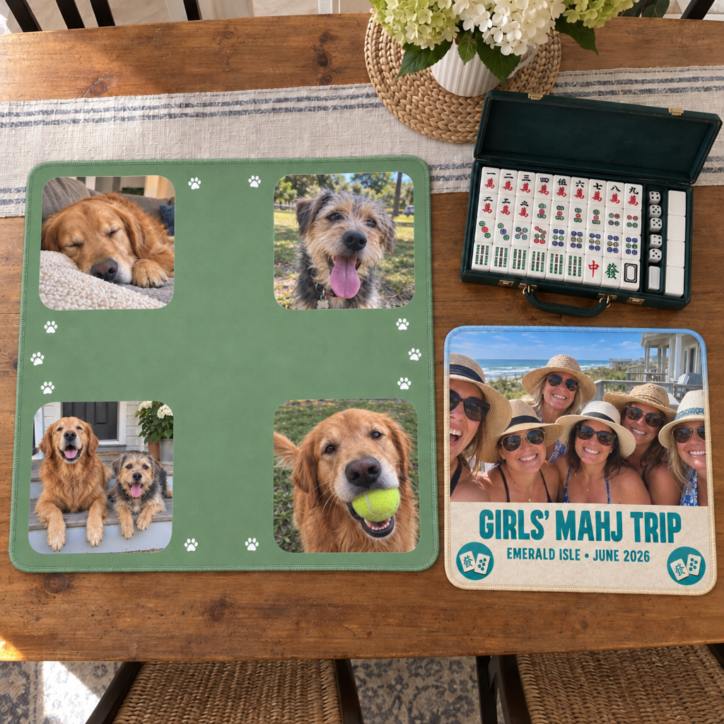 Full-size mahjong mat with four dog photos next to a smaller travel mat printed with a girls' trip photo, a tile set between them