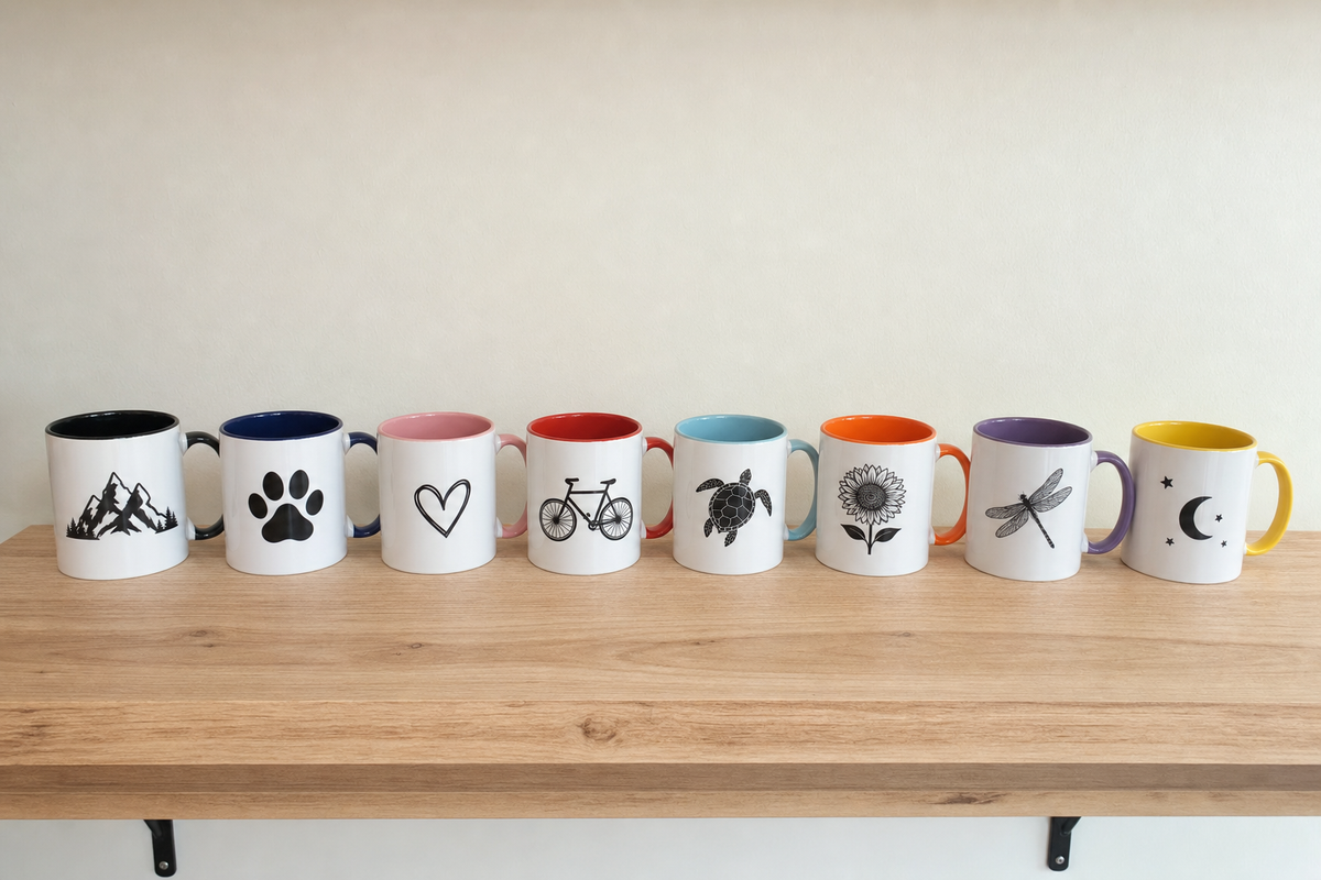 A row of accent mugs in all eight colors