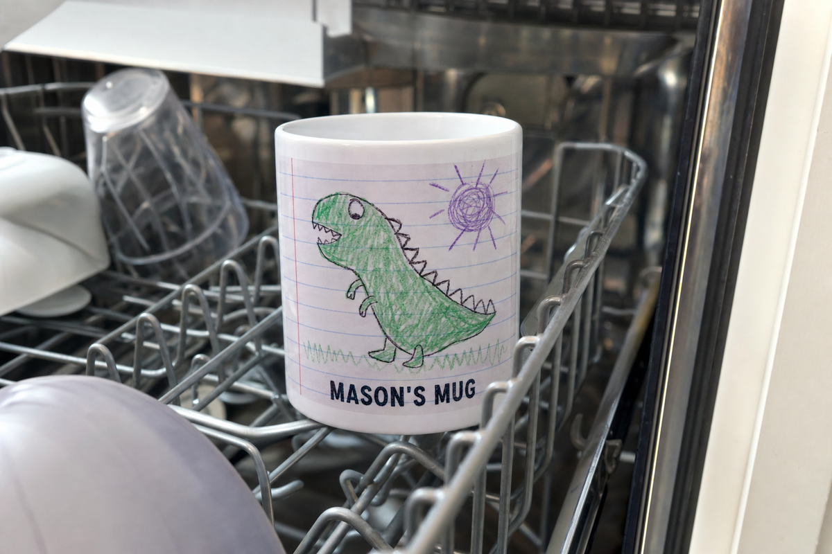 Custom photo mug in a dishwasher rack
