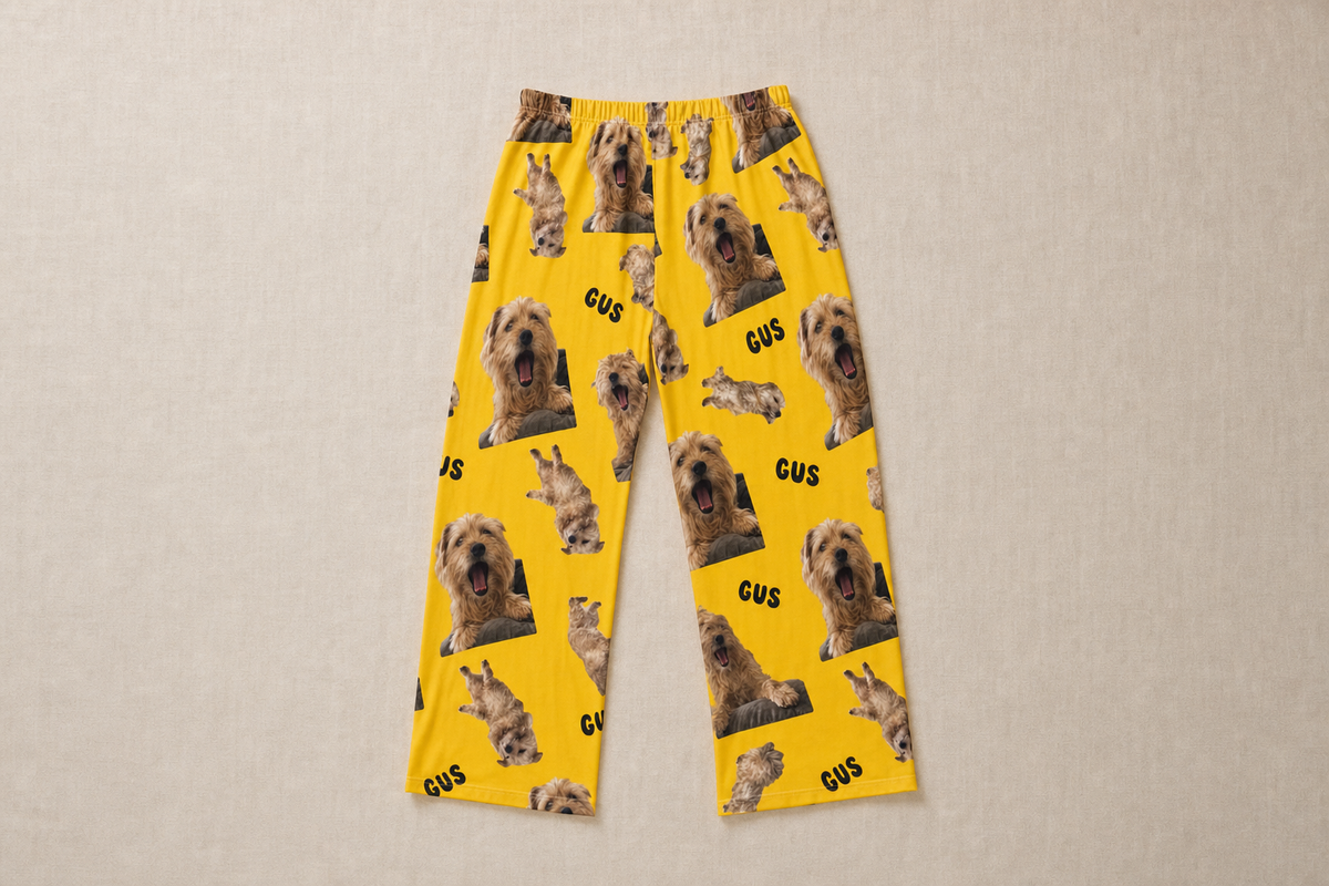 The back of the custom pajama pants showing the design continuing around both legs