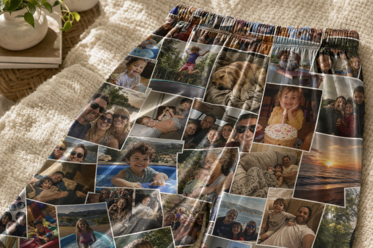 Close view of the softly draped pajama fabric printed with a family photo collage