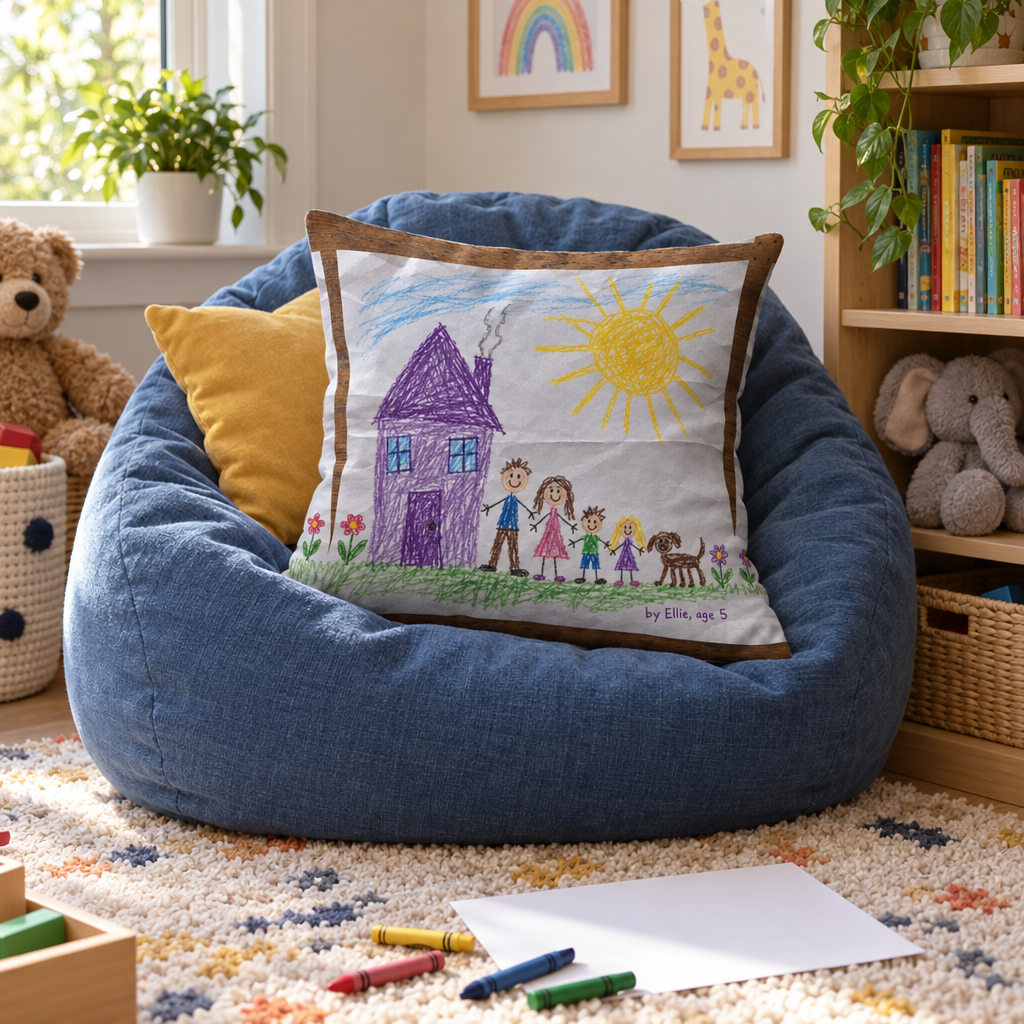 Throw pillow printed with a child's crayon drawing of a house and family on a playroom beanbag