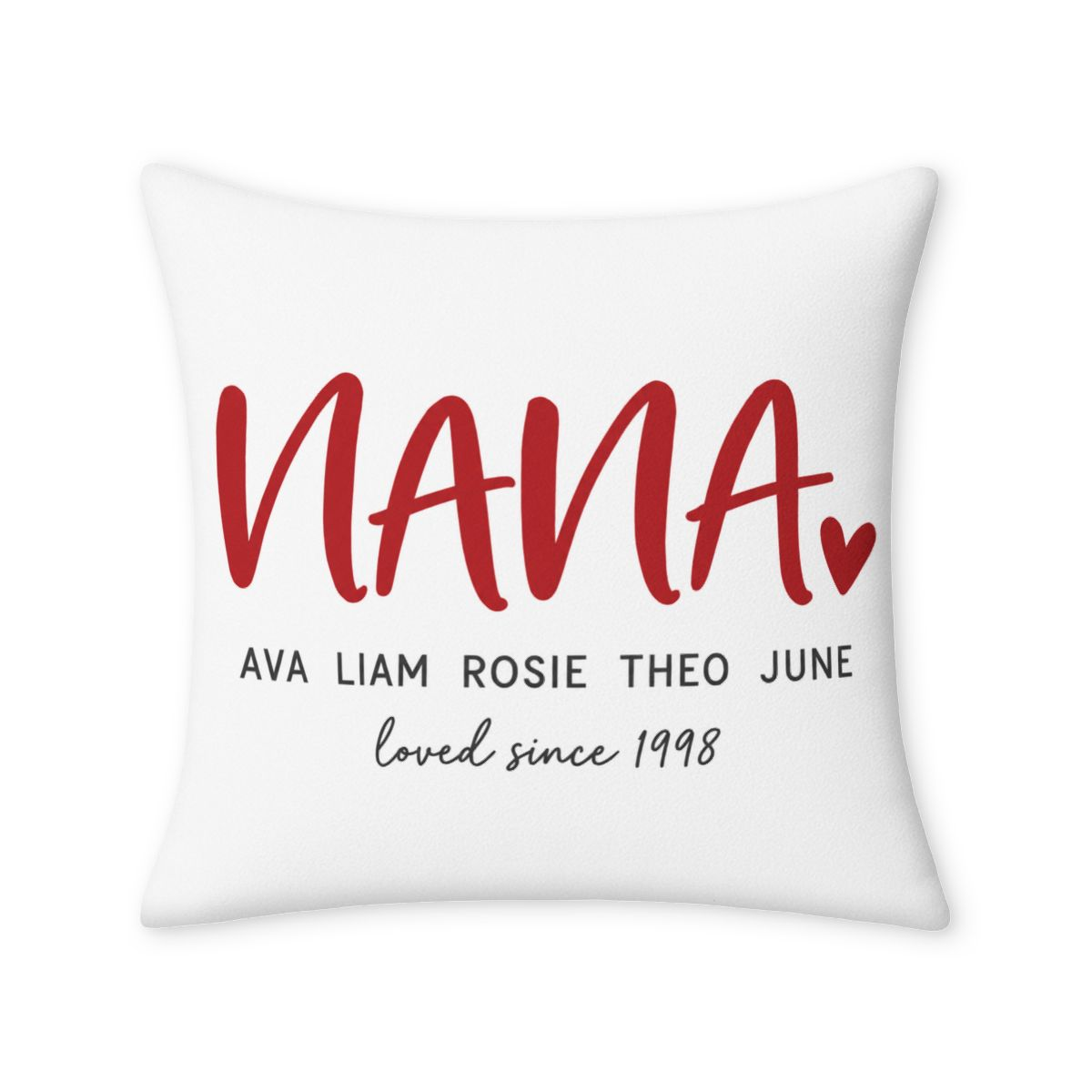 Custom throw pillow reading Nana with grandkids' names, front view