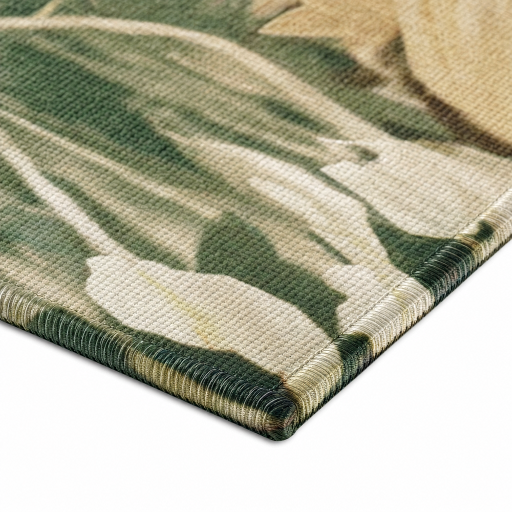 Macro close-up of a personalized rug's printed face and hemmed edge
