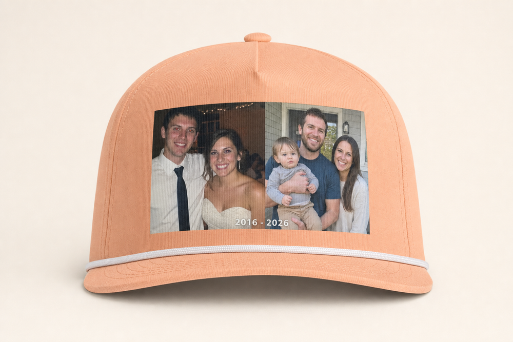 A custom rope cap with a couple's photos printed on the front panel