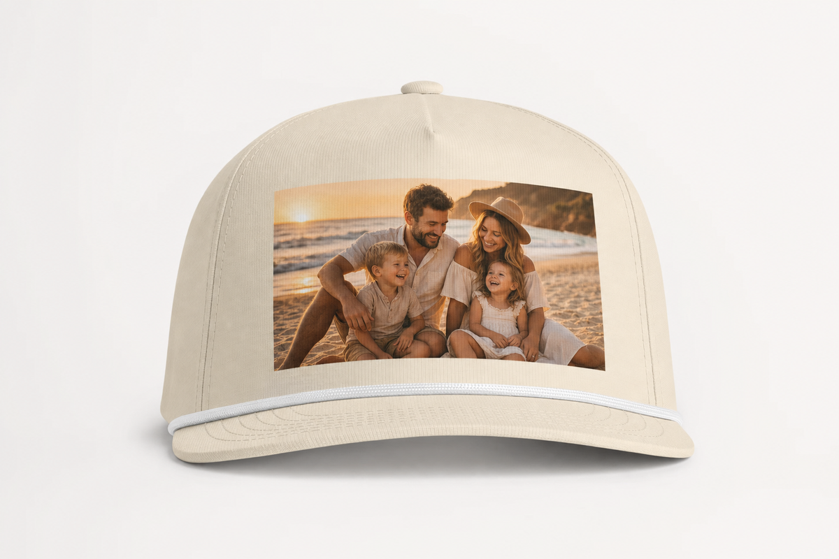 The custom rope cap with a family photo printed on the front panel