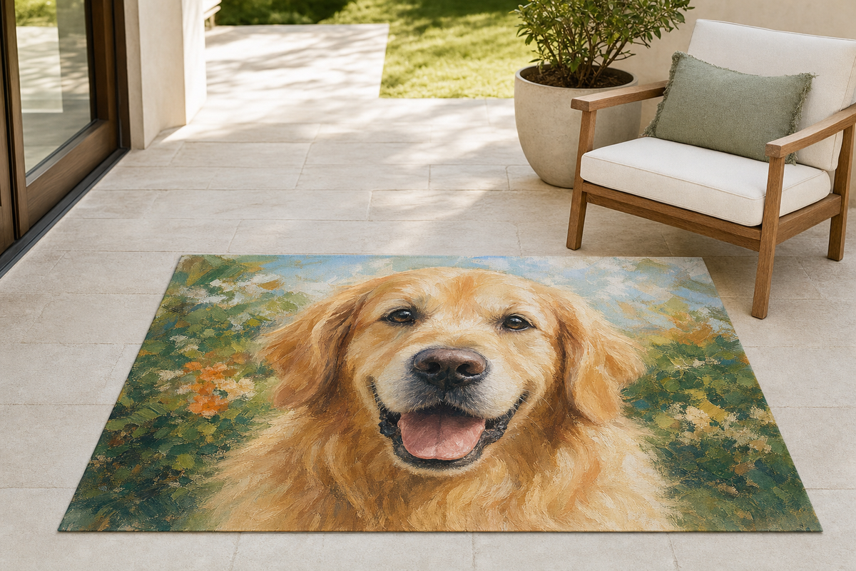 A custom outdoor rug with a pet portrait design lying flat on a patio
