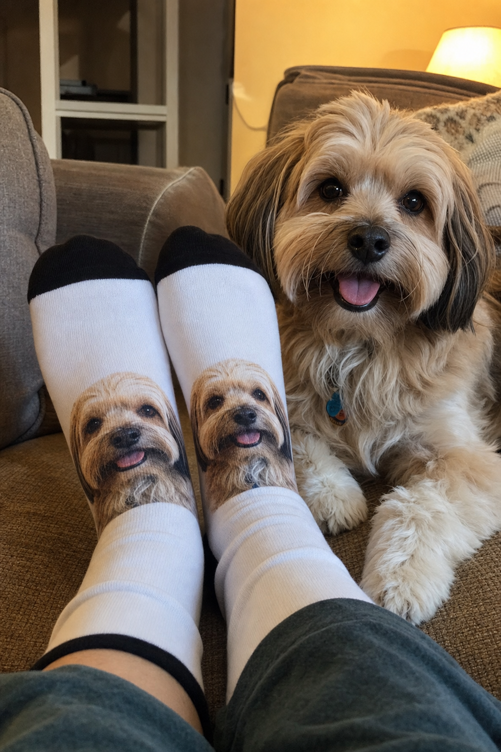 Feet up on a couch wearing custom dog photo socks with the same dog beside them