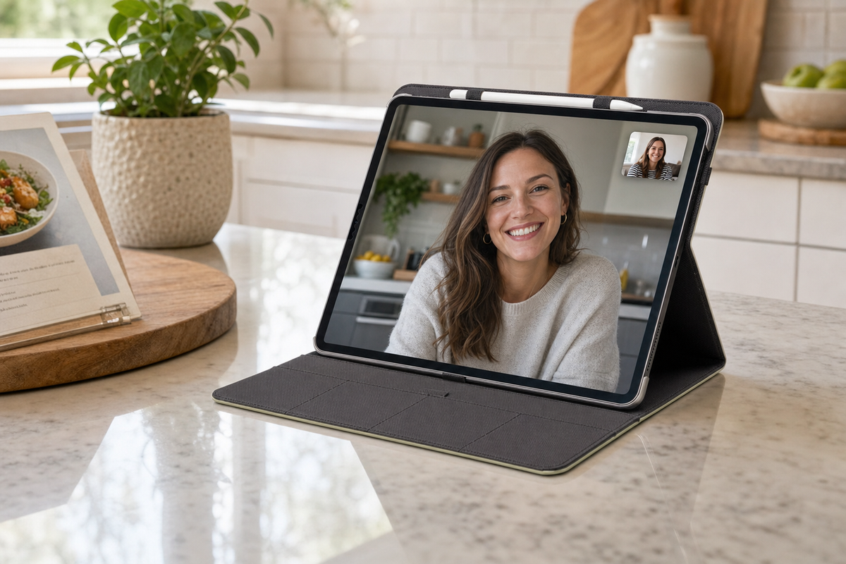 The custom iPad folio case folded into its built-in stand, holding the iPad upright on a kitchen counter