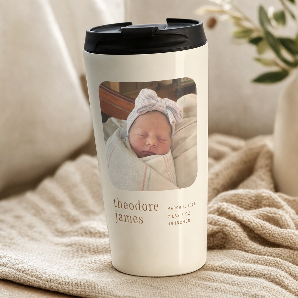 Close view of a dye-sublimated full-wrap print on a custom travel mug