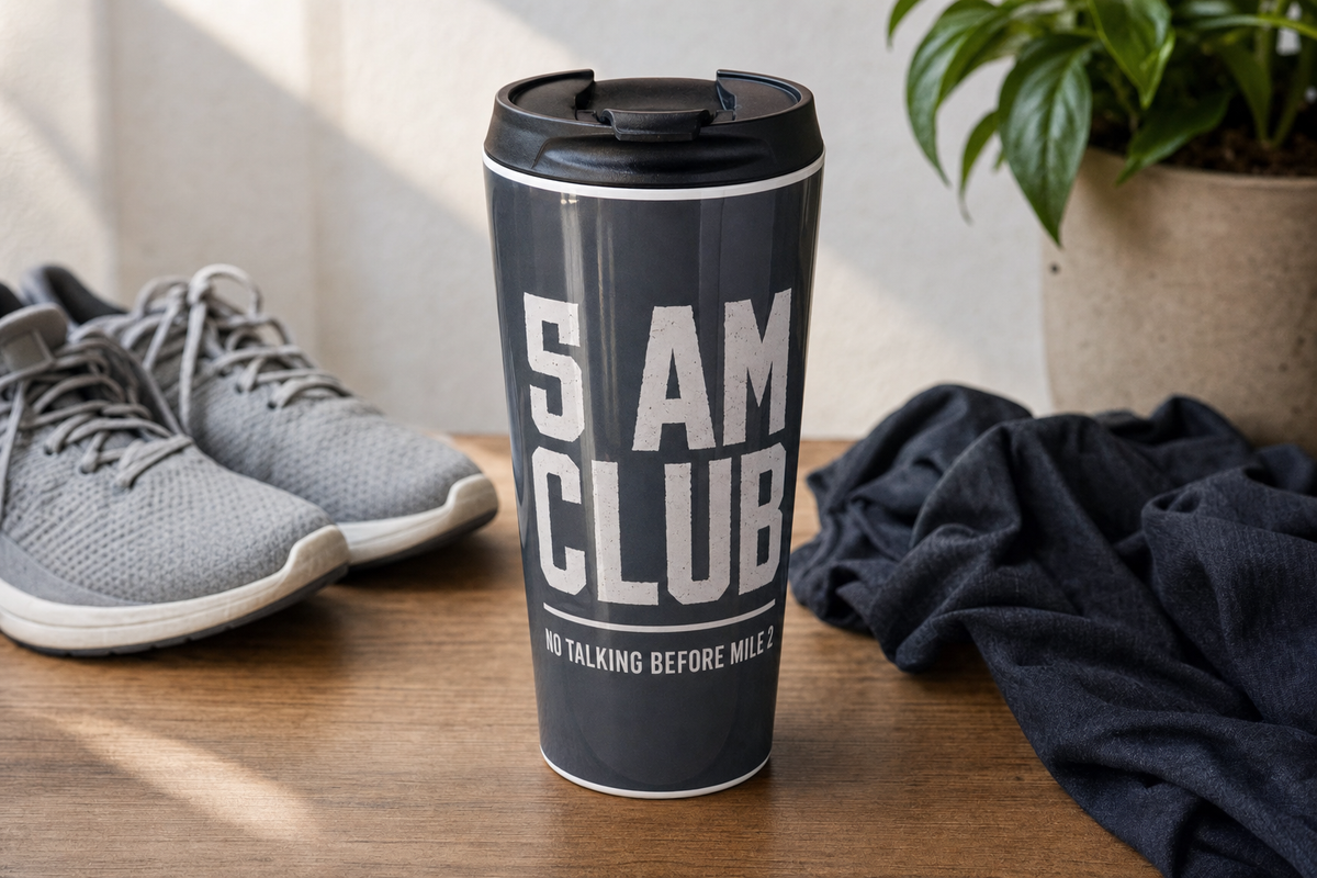 Close view of a dye-sublimated photo print on a custom travel mug