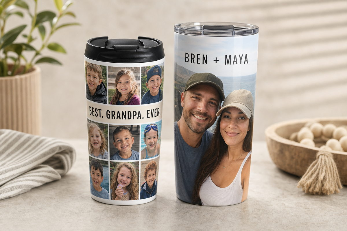 15oz travel mug with flip-top lid beside a 20oz tumbler with clear push-on lid