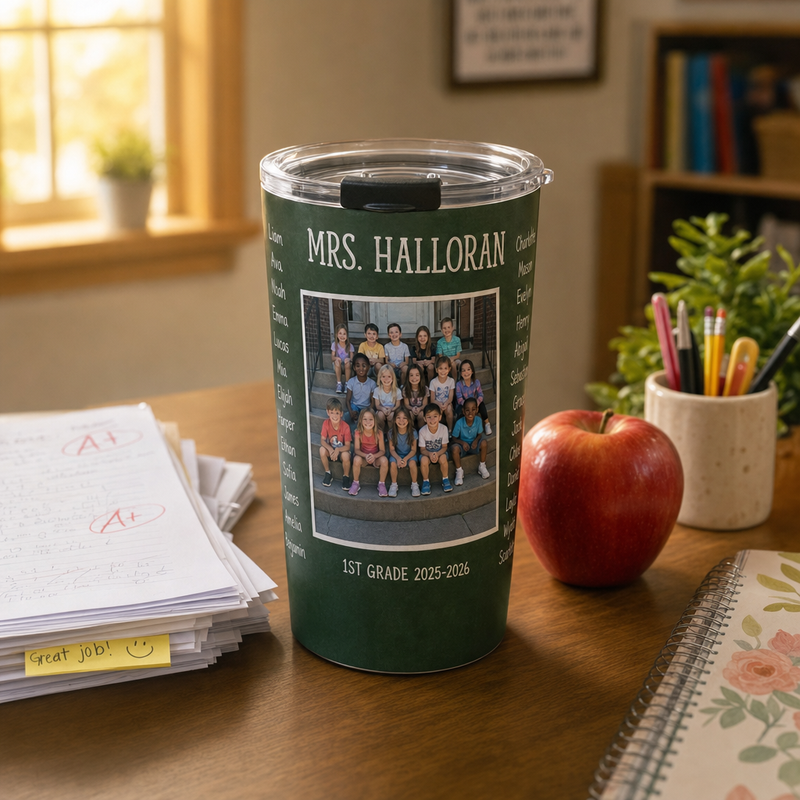 A custom photo travel mug gift with a family photo design beside wrapping
