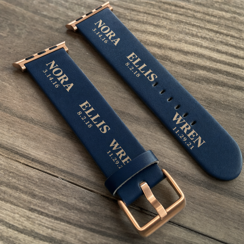 Macro close-up of a custom printed faux leather Apple Watch band showing the printed lettering and the suede lining at the edge