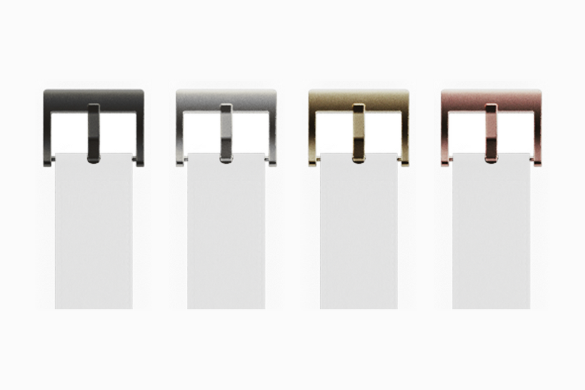 Four stainless steel watch band buckles in Black, Silver, Gold, and Rose Gold finishes