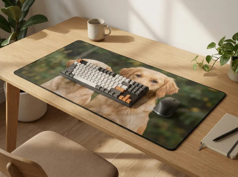 Custom desk mat with a photo print under a keyboard