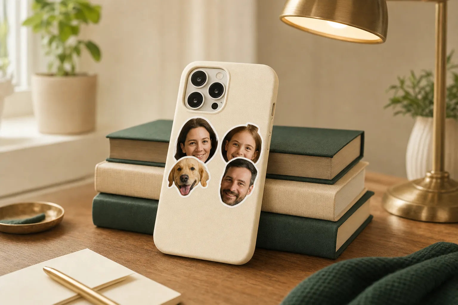 A phone case printed with a crew of die-cut face stickers