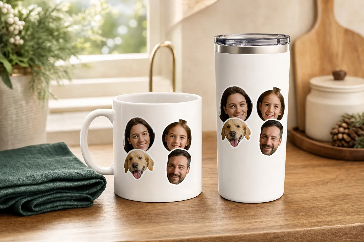 A mug and insulated tumbler printed with a crew of die-cut face stickers