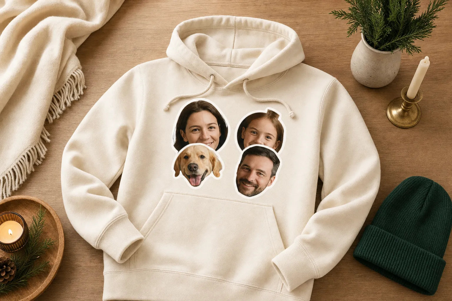 A hoodie printed with a crew of die-cut face stickers