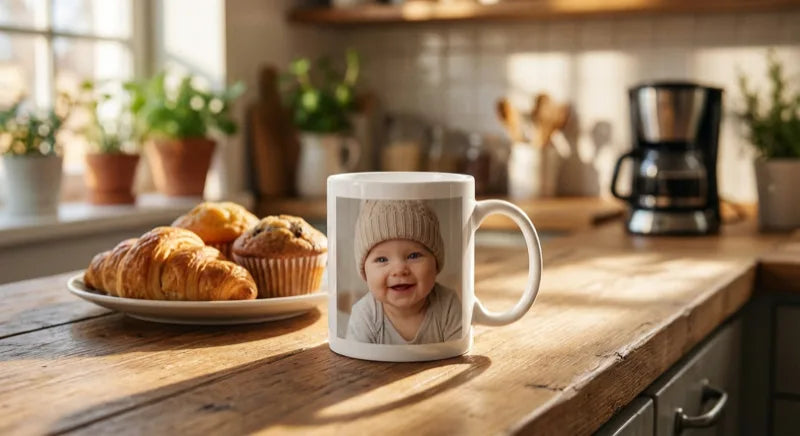 Custom photo coffee mug in a kitchen