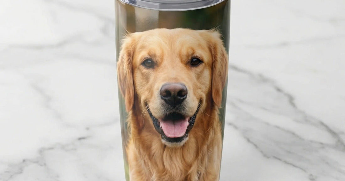 Personalized tumbler design with a dog photo wrap shown in a clean product preview.