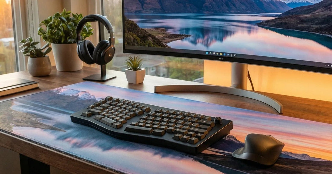 Desk mat size guide showing a workspace with a keyboard, mouse, monitor, and extended custom desk mat.