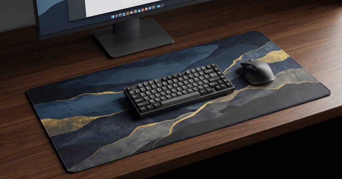 Personalized custom desk mat on a study desk with laptop, keyboard, mouse, and back-to-school workspace essentials.