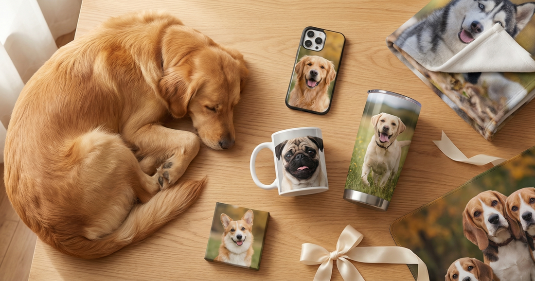 Personalized gifts for dog lovers featuring a pet photo on a phone case, blanket, and mug.