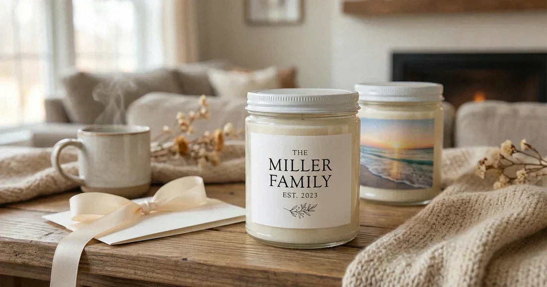 Personalized custom candle with photo label styled as a thoughtful housewarming or memorial gift.