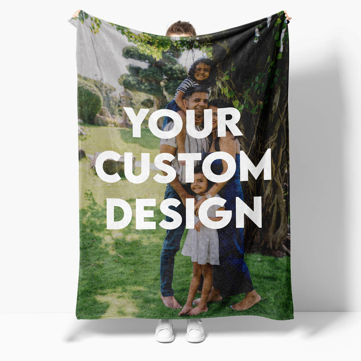 Custom photo blanket with family photo design showing fleece material
