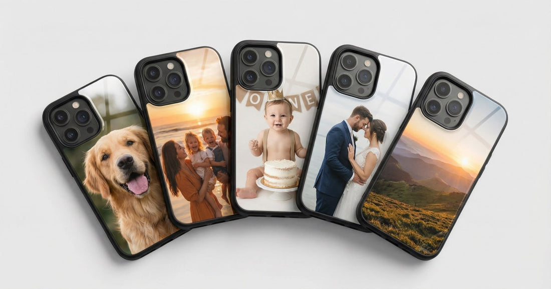 Personalized custom phone cases with photo, pet, and logo designs shown in a clean 2026 comparison layout for Custom Envy.