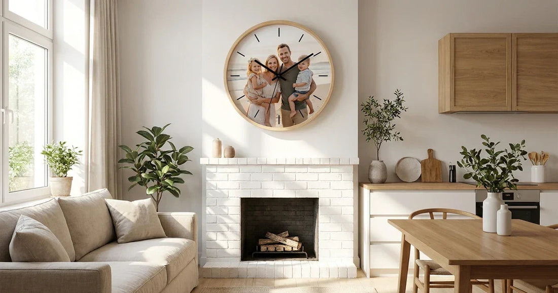 Custom photo clock with a readable family picture, contrasting hands, and a personalized wall display.