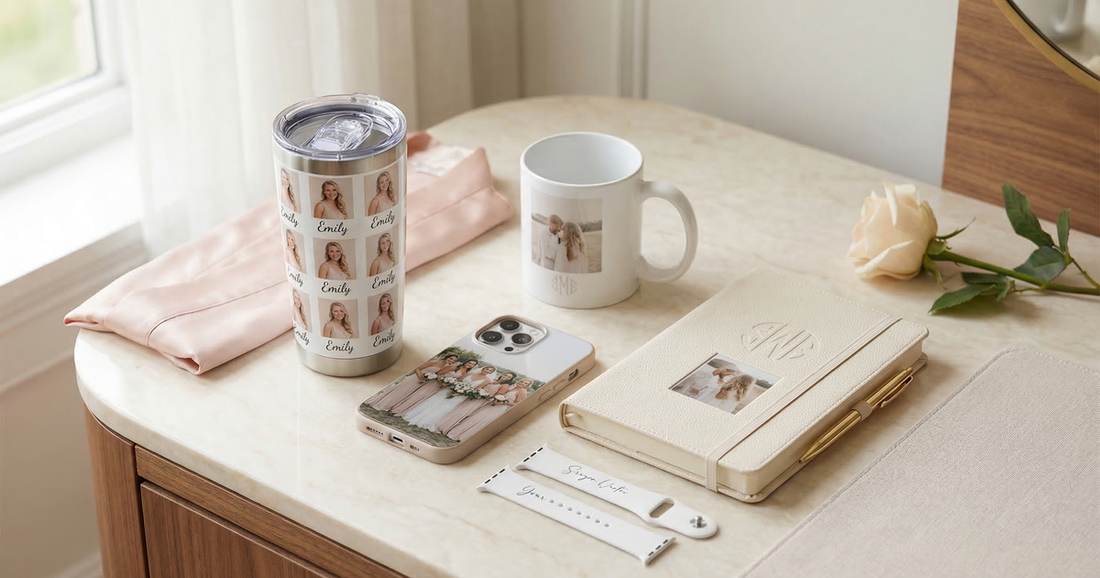 Personalized bridesmaid gifts from Custom Envy arranged for a wedding party, including custom mugs, tumblers, journals, phone cases, desk mats, and watch bands.