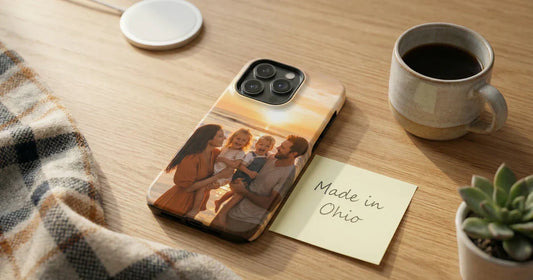 Custom Envy personalized phone case on an Ohio studio desk with natural light and a sticky note that says Made in Ohio.