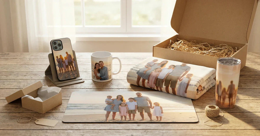 Personalized photo gifts including a phone case, mug, tumbler, desk mat, and blanket styled with ready-to-ship packaging for a Custom Envy fast-gift guide.