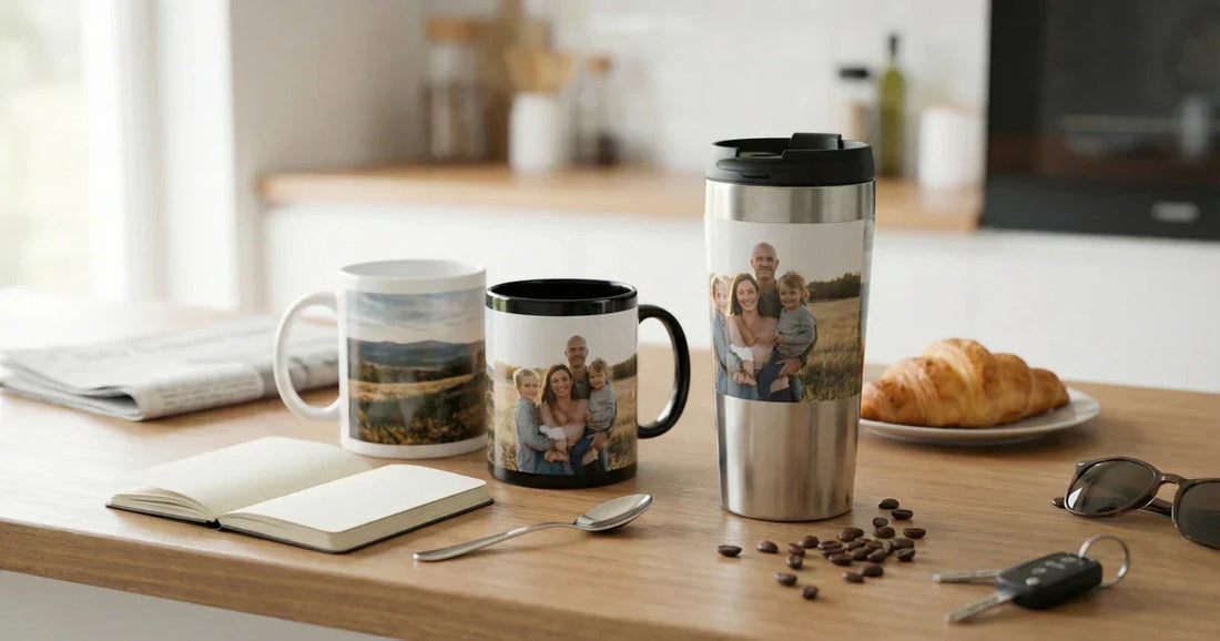 Premium custom photo mug with a wraparound family design styled in warm kitchen light for a Custom Envy blog hero.