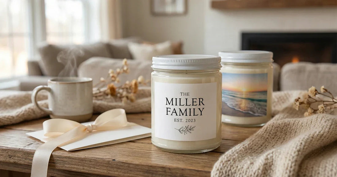 Premium personalized candle in a glass jar with a custom photo wrap label, styled on a warm tabletop with soft home lighting for a polished Custom Envy blog hero.